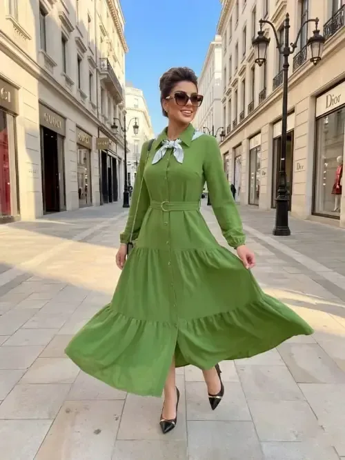 فستان نسائي أنيق بطبقات وأزرار مع حزام خصر