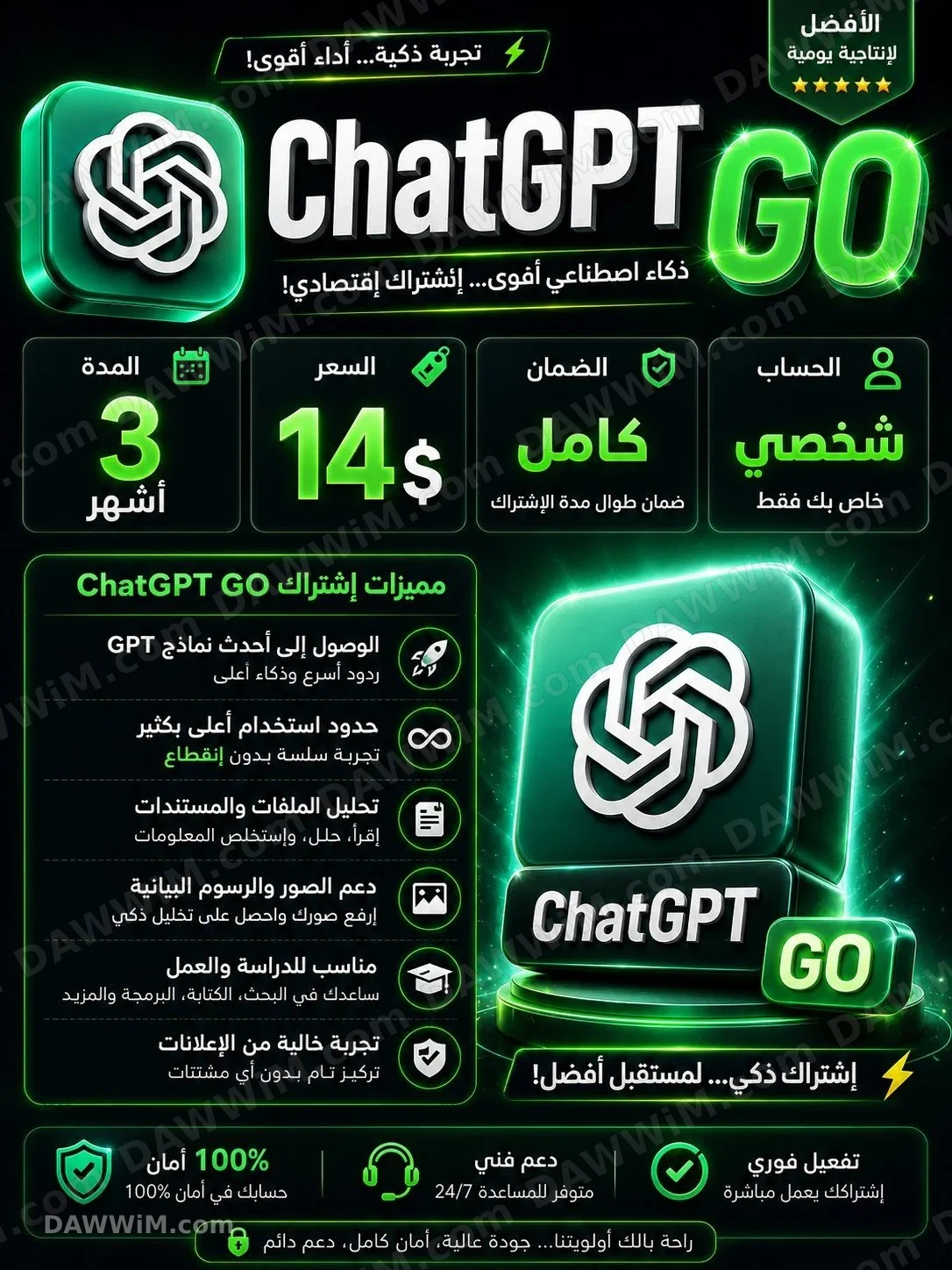 اشتراك ChatGPT GO 3 أشهر بسعر 14 دولار مع مزايا متقدمة