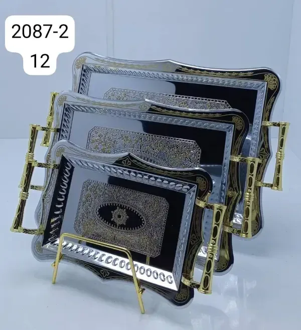 طقم صواني ضيافة عيد ستانلس مذهّب - 3 قطع
