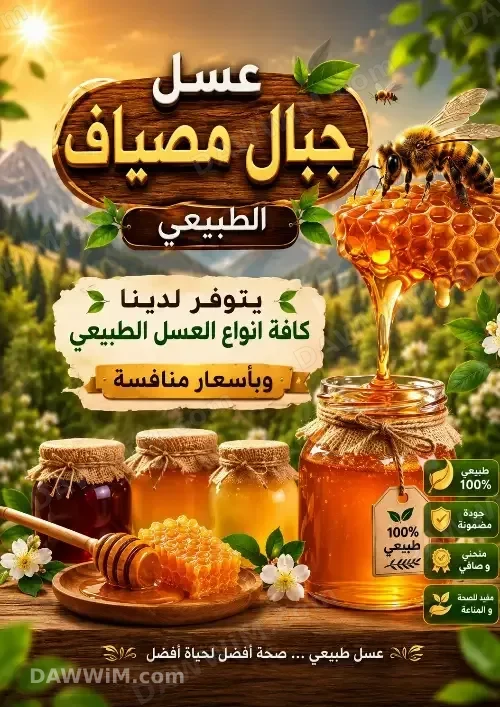 عسل جبلي أصلي ومكفول 100% مع غذاء ملكي وعكبر وغبار طلع