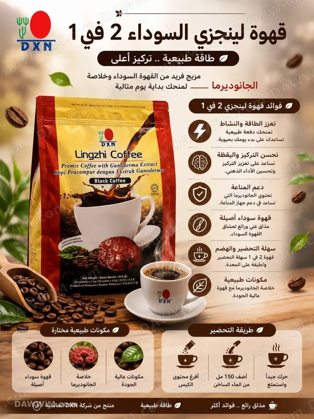 منتجات DXN للعناية والصحة: قهوة لينجزي، بودرة اللؤلؤ، كريم شجرة الشاي، ألويفرا لوشن