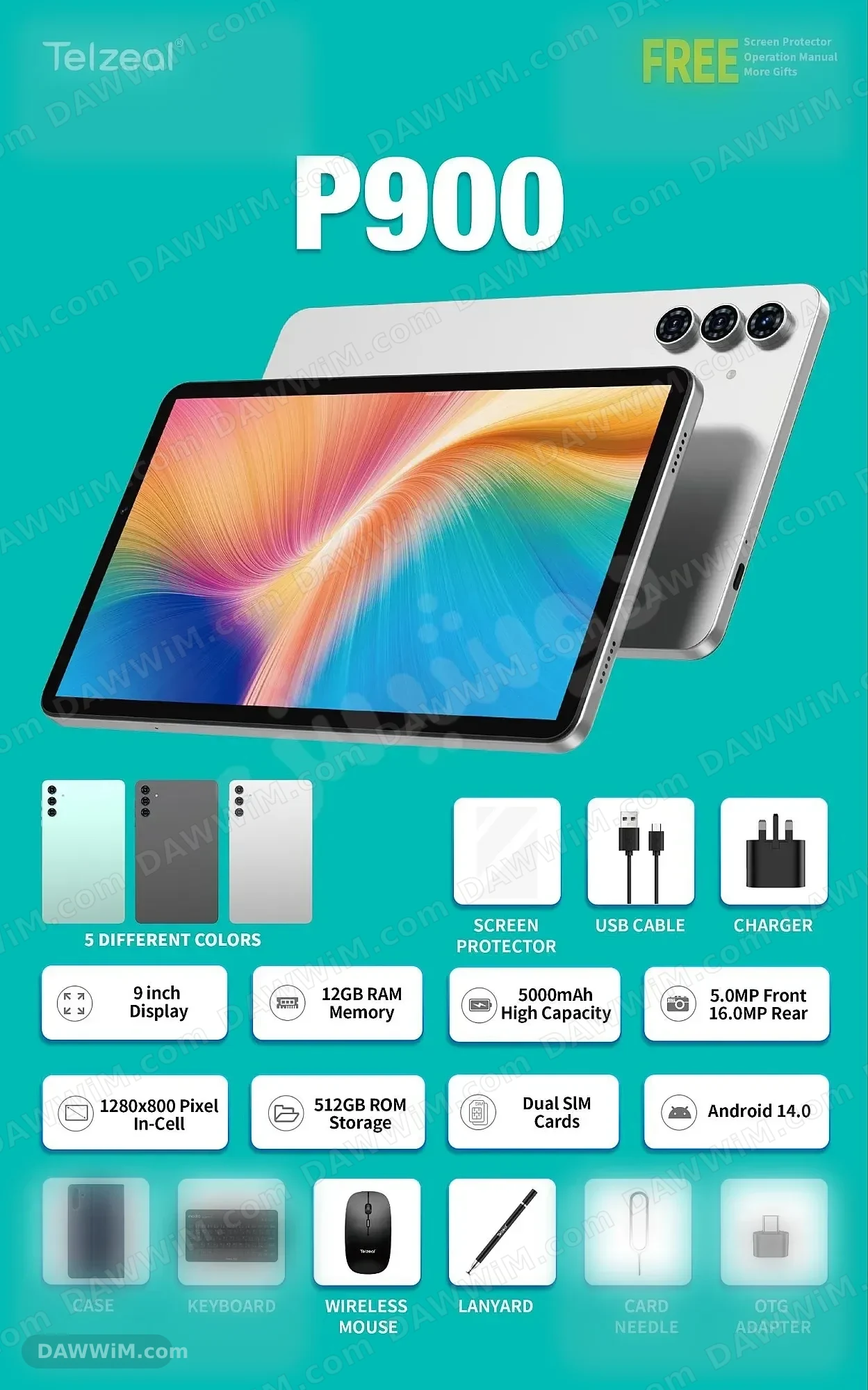تابلت Telzeal P900 بشاشة 9 إنش وذاكرة 512GB