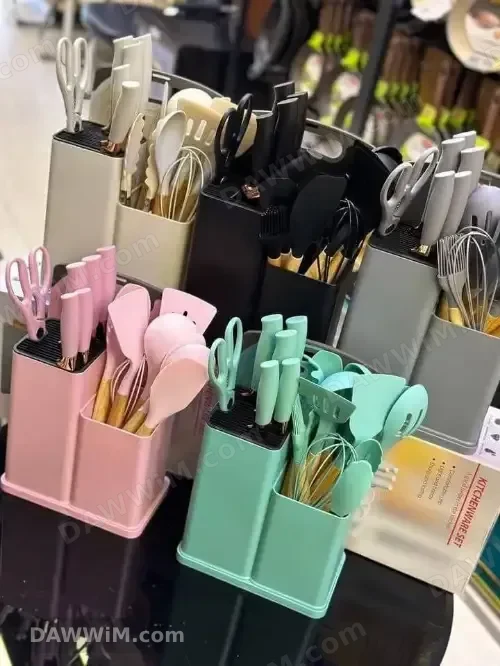 طقم معالق سكب مطبخ سيلكون مع قاعدة