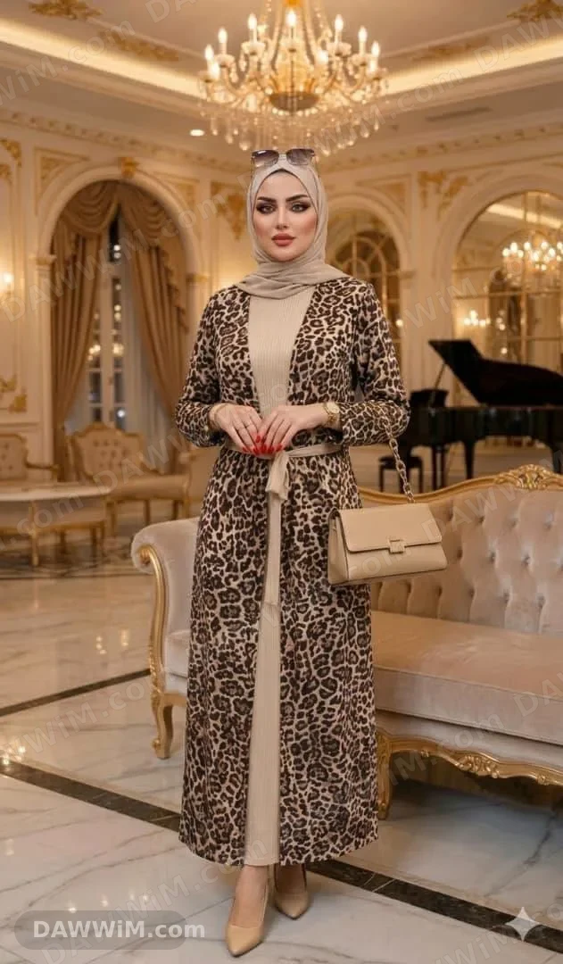 عباية/رداء نسائي قماش فوري بنقشة ليوبارد