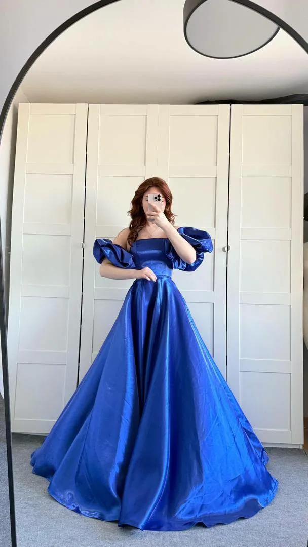 فستان سهرة ساتان انجلينا مستورد بأكمام منفوشة