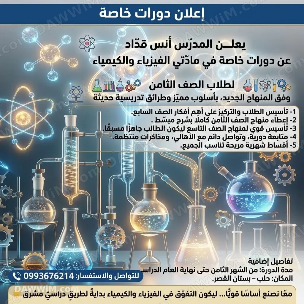 دورات خاصة في مادتي الفيزياء والكيمياء لطلاب الصف الثامن